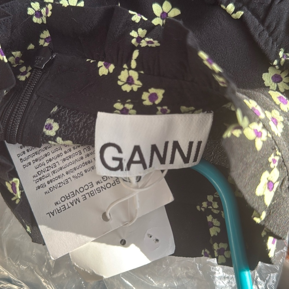 GANNI I Printed Crepe Ruffle High Collar Dress Size 34 XS - Picture 9 of 11